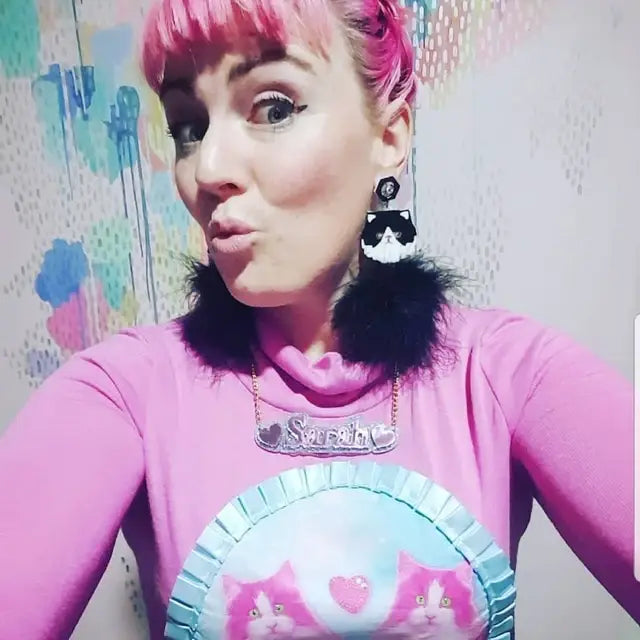 Persian Kitty Cat And Pom Pom Earrings In White Or Black & White, Laser Cut Acrylic, Plastic Jewelry-4