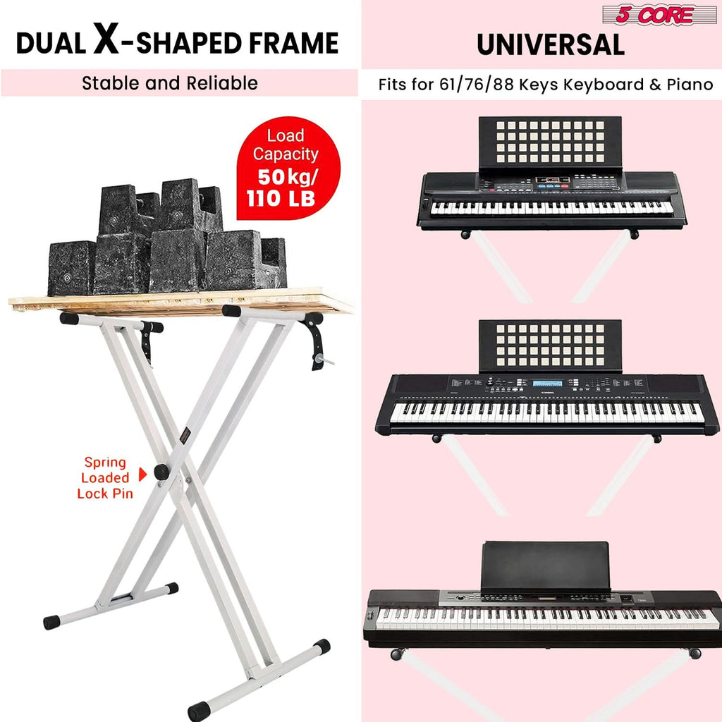 5Core Keyboard Stand Double X Style Adjustable Lift Piano Riser For 49 To 88 Keys WHITE-2