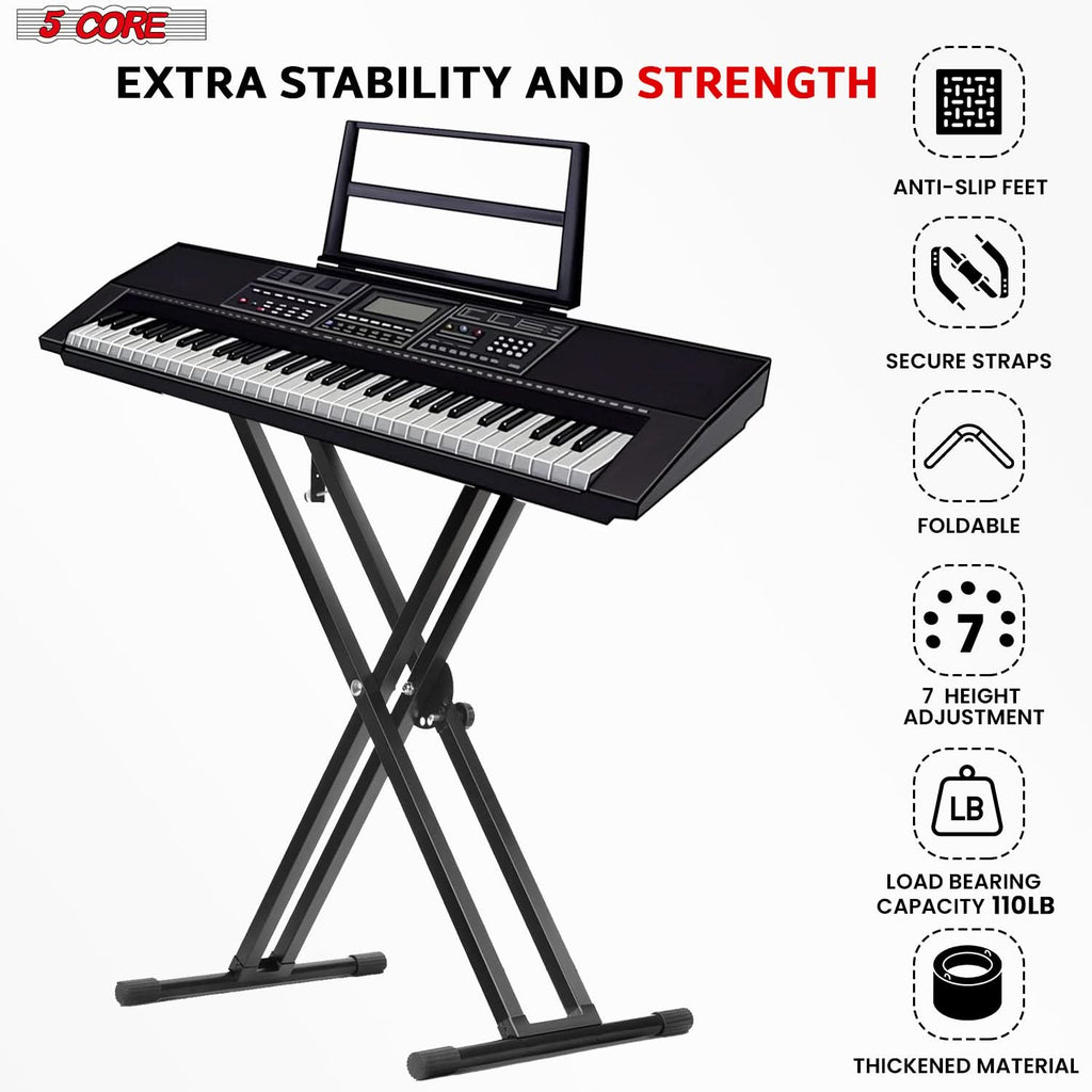 5Core Keyboard Stand Double X Style Adjustable Lift Piano Riser For 49 To 88 Keys BLACK-4