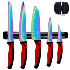 Kitchen Knife Set Kit | Red Handle & Black Magnetic Rack