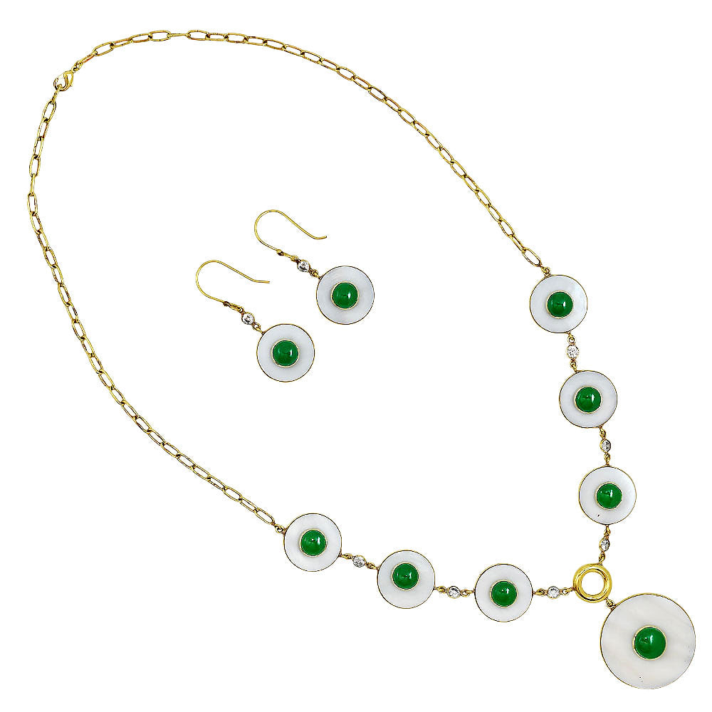 18K Gold Plated Mother Of Pearl, Green Onyx & Zircon Necklace Earrings Set TT01024