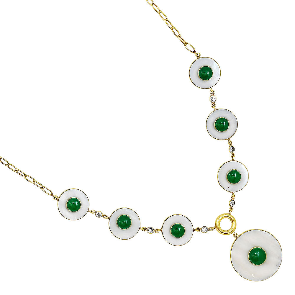 18K Gold Plated Mother Of Pearl, Green Onyx & Zircon Necklace Earrings Set TT01024