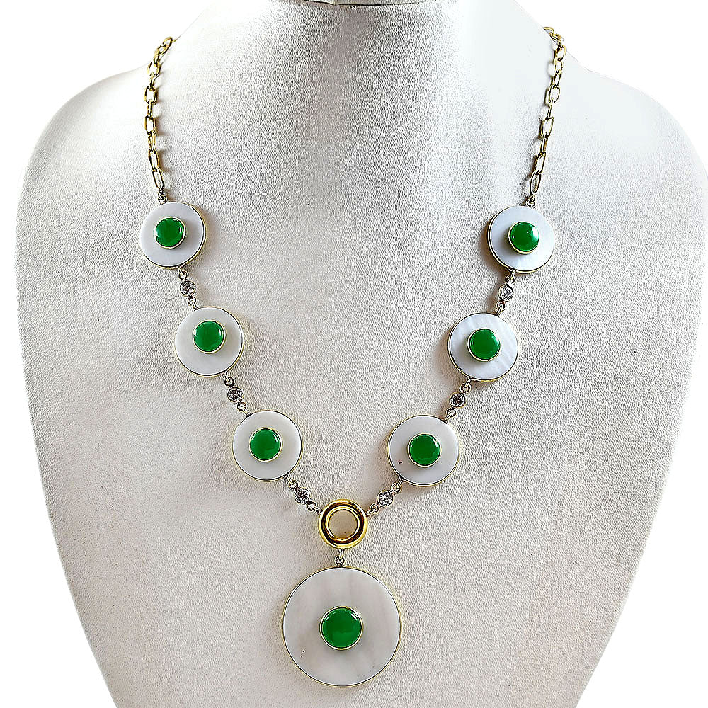 18K Gold Plated Mother Of Pearl, Green Onyx & Zircon Necklace Earrings Set TT01024