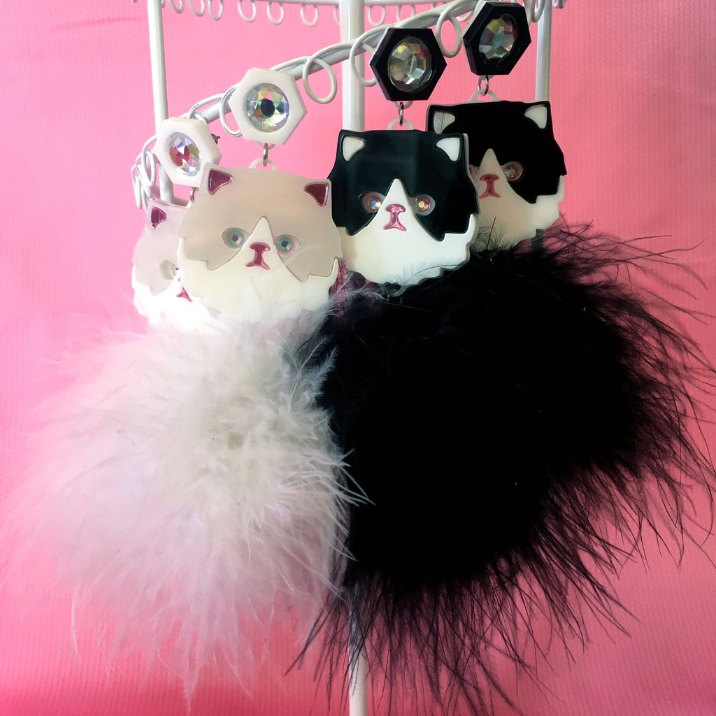 Persian Kitty Cat And Pom Pom Earrings In White Or Black & White, Laser Cut Acrylic, Plastic Jewelry-3