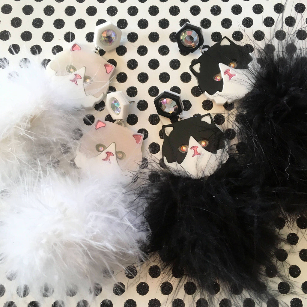 Persian Kitty Cat And Pom Pom Earrings In White Or Black & White, Laser Cut Acrylic, Plastic Jewelry-0