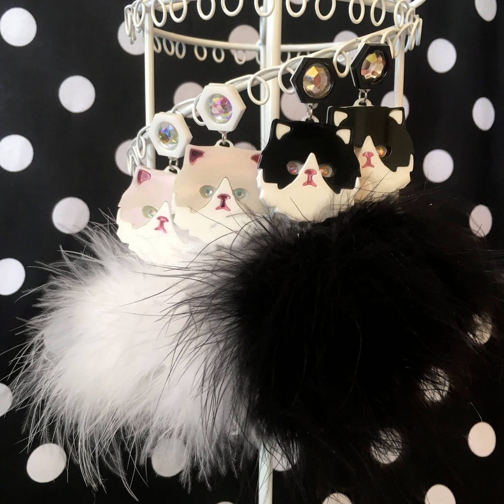 Persian Kitty Cat And Pom Pom Earrings In White Or Black & White, Laser Cut Acrylic, Plastic Jewelry-1