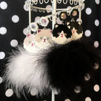 Persian Kitty Cat And Pom Pom Earrings In White Or Black & White, Laser Cut Acrylic, Plastic Jewelry-1
